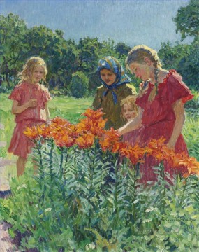Nikolay Petrovich Bogdanov Belsky Painting - RECOGIENDO FLORES Nikolay Bogdanov Belsky